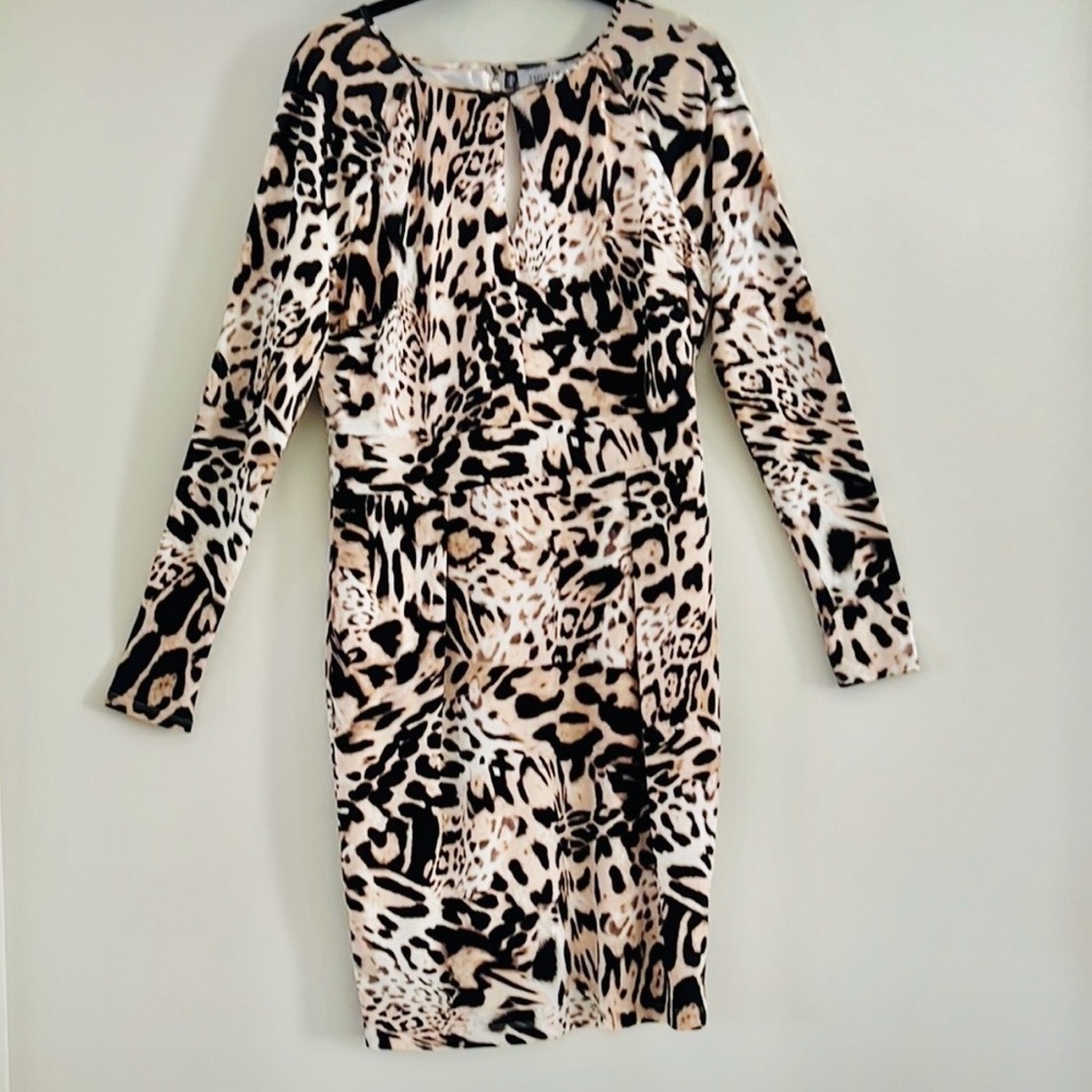 Jennifer Lopez Black and Beige Animal-Print Long-Sleeve Mini Dress Suze L